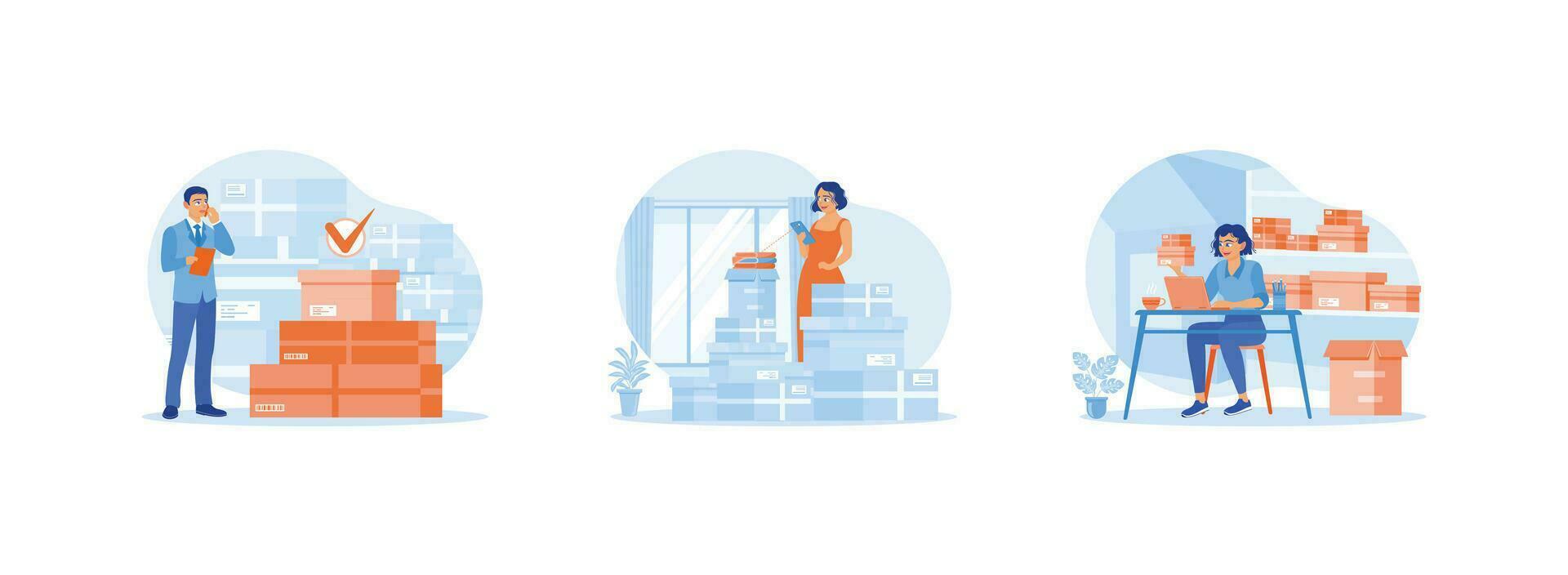 Order Confirmation concept. The businessman calls the supplier to confirm the order. The businesswoman is starting a business venture at home product reviews via streaming video. vector