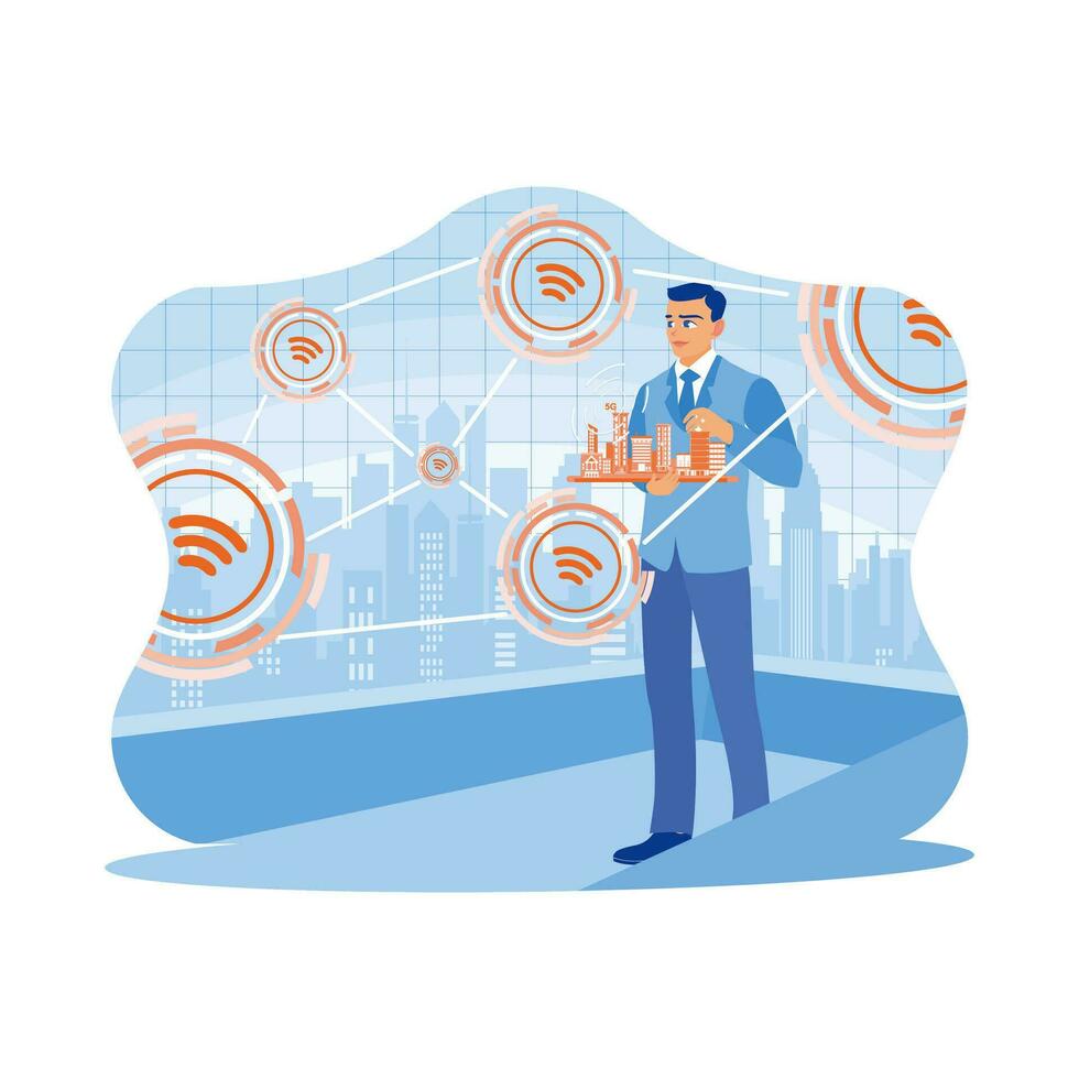A businessman is standing holding a miniature city. Using modern creative networks and connected internet networks in smart cities. Telecommunication and Internet in smart city concept. vector