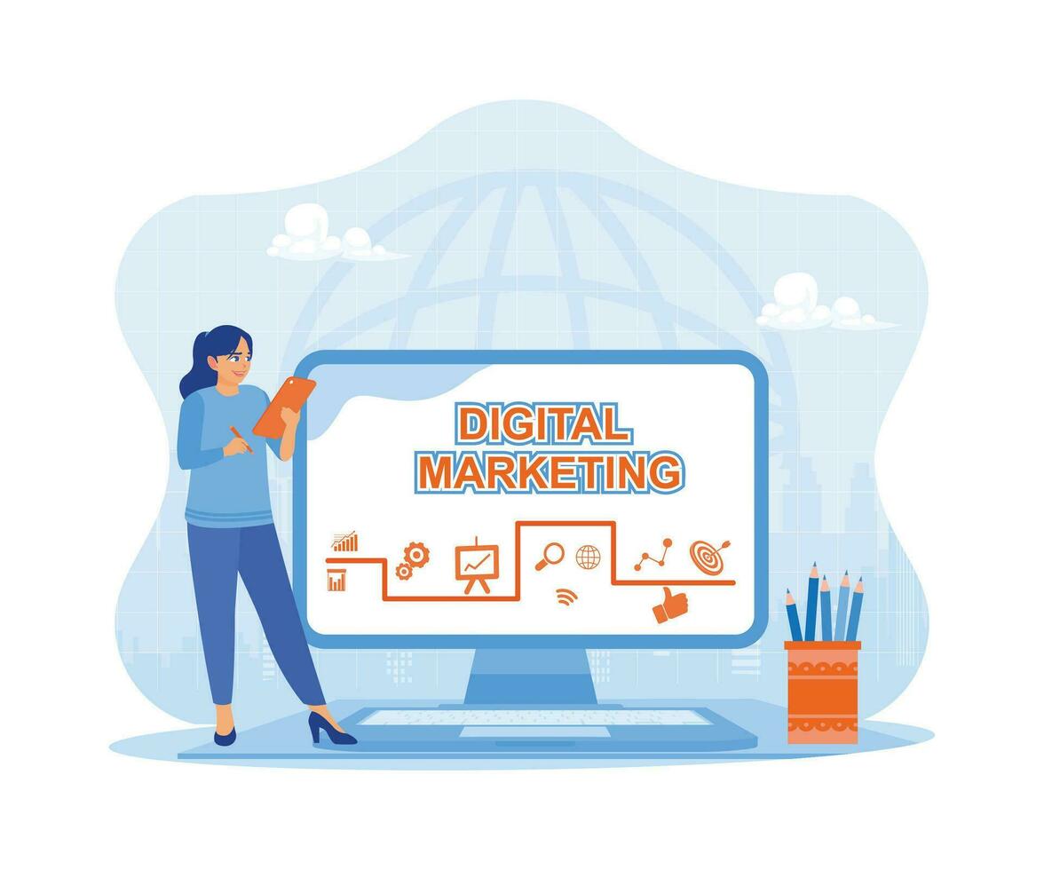 Businesswomen make digital marketing plans by placing ads on social media. Business innovation technology concept to increase marketing targets. vector