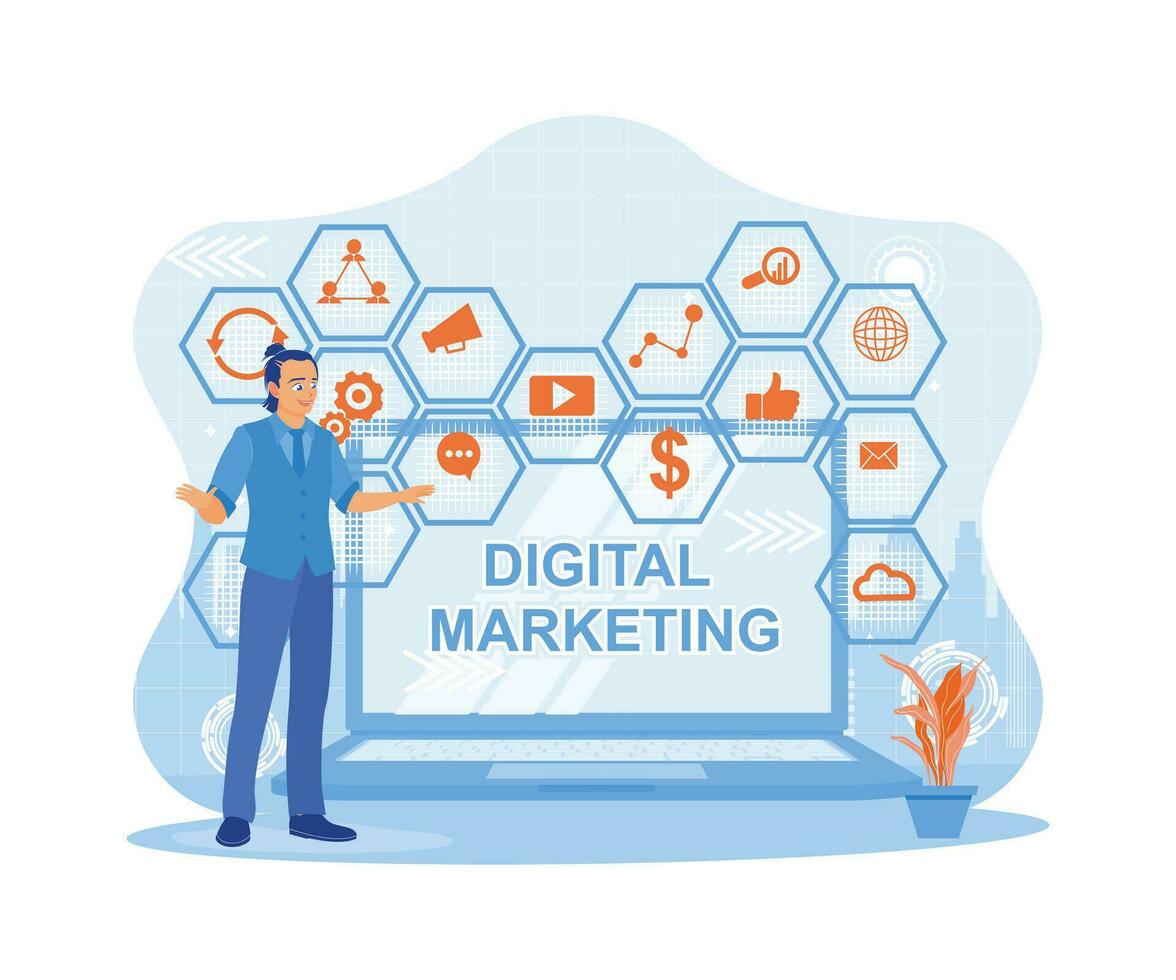 Young man standing in front of laptop and virtual screen. Optimize search engines SEO, SMM, and advertising to increase marketing targets. vector