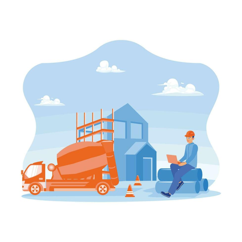 Architect using laptop at building construction site. Sit on the big pipe near the cement mixer car. Creating construction sites concept. Trend Modern vector flat illustration