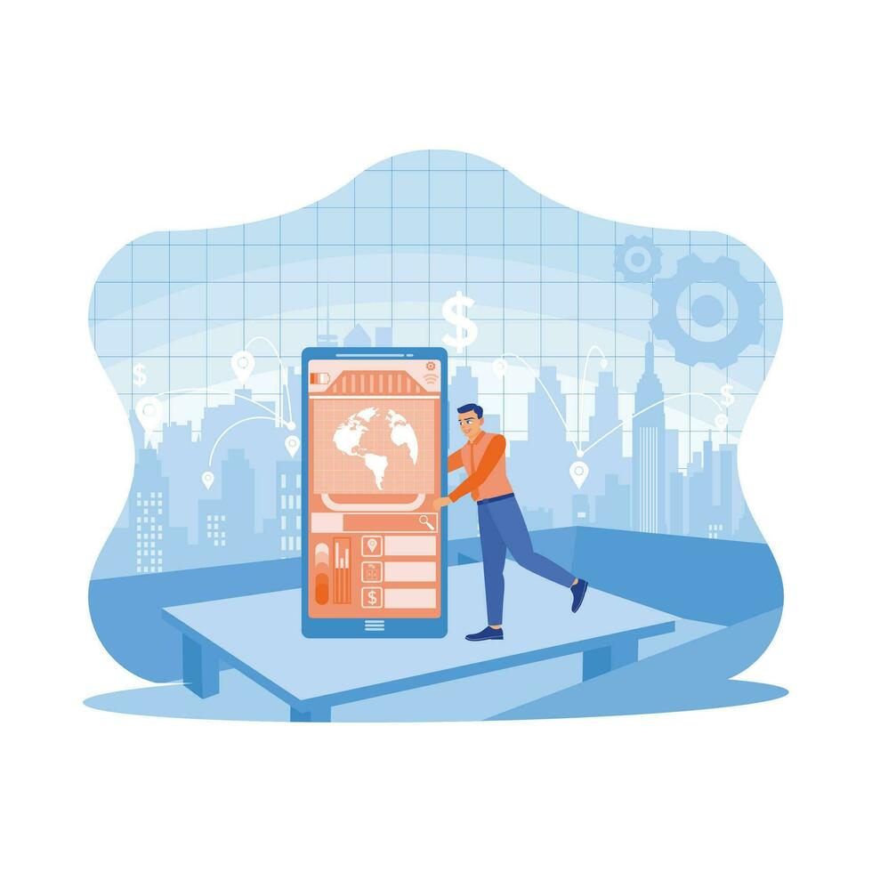 Man standing on table holding smartphone. Smartphones with modern creative telecommunications and internet networks connected in smart cities. Telecommunication and Internet in smart city concept. vector