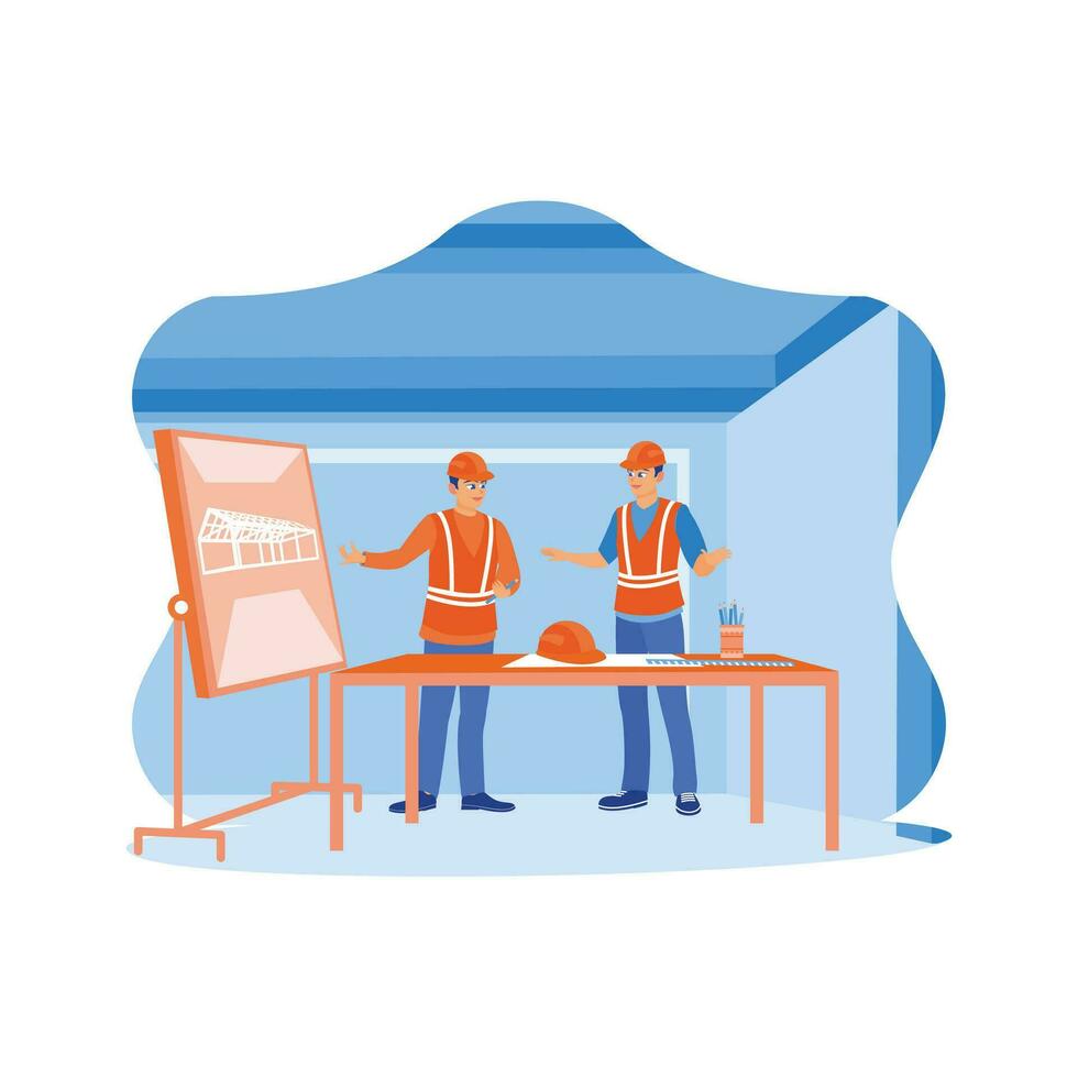 Two civil engineers work together to design a building. Discuss work plans and development processes. Construction site engineer concept. Trend Modern vector flat illustration