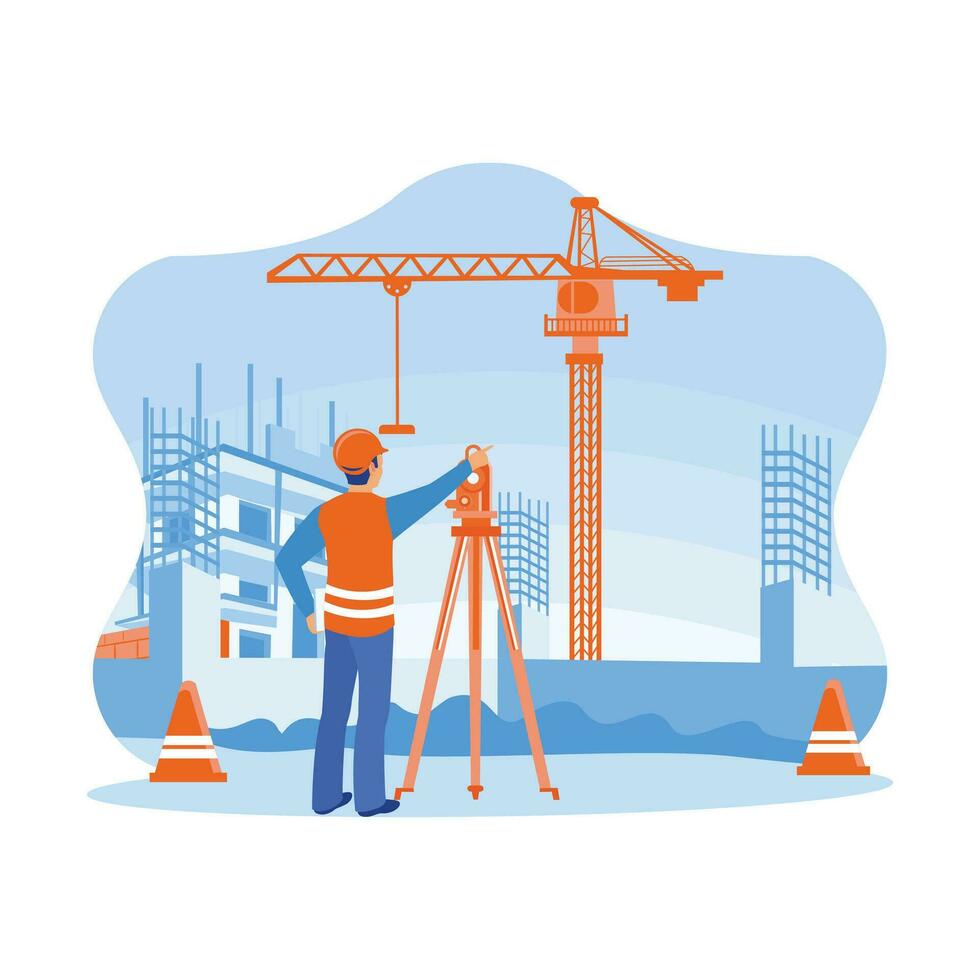 Survey engineer working using a theodolite at a construction site. Surveying to create a contour plan is a graphic representation of the lay of the land. Building construction sites concept. vector