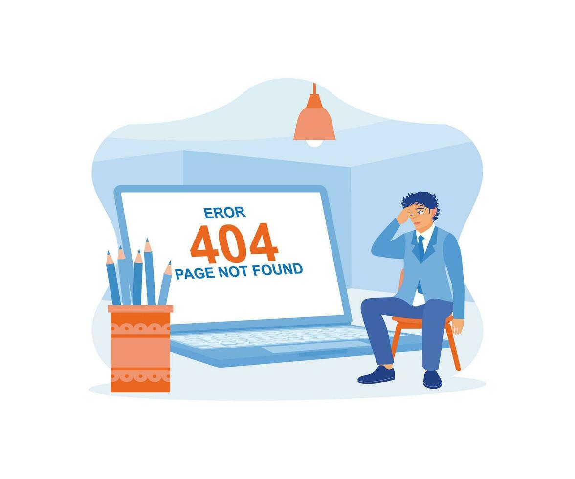 un enojado programador a trabajar. participación frente debido a error 404, mensaje en pantalla página no encontró cuando cargando sitio. 404 error página concepto. tendencia moderno plano vector ilustración