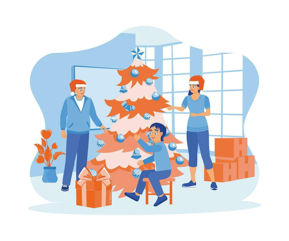 el familia decora el Navidad árbol con estrellas, pelotas, campanas y medias ellos son poniendo regalo cajas debajo el Navidad árbol. Navidad víspera concepto. tendencia moderno vector plano ilustración