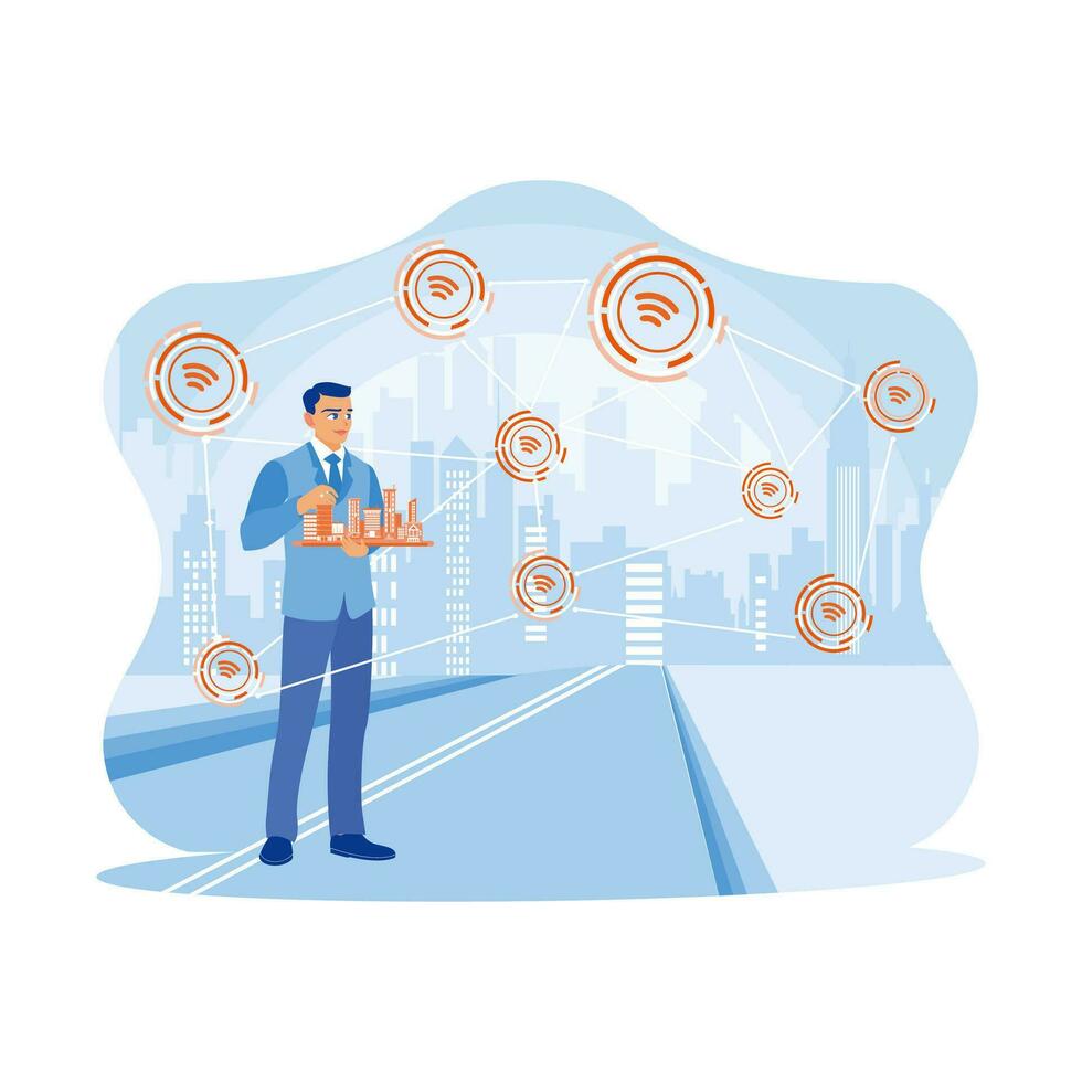 Man standing on a city street holding city miniature. Modern creative communication and internet networks are connected in smart cities. Telecommunication and Internet in smart city concept. vector