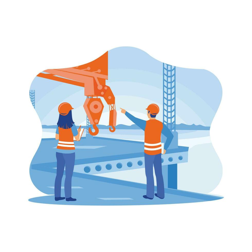 The construction team discusses quality, work plans, and home and industrial building design projects. Standing close to a crane at a construction site. Building construction sites concept. vector