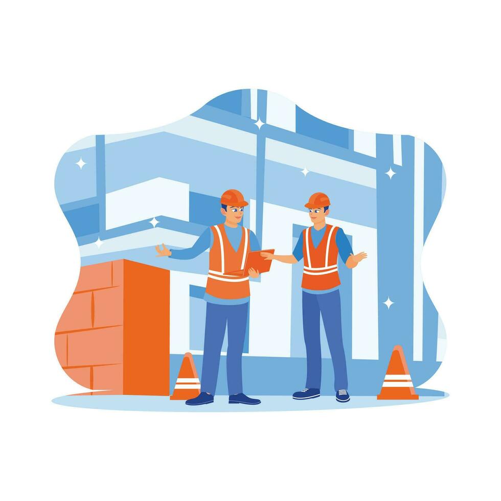 TTwo structural engineers inspect a commercial building construction site. Industrial building real estate project with a civil engineer. Experts examine retail building construction site concepts. vector