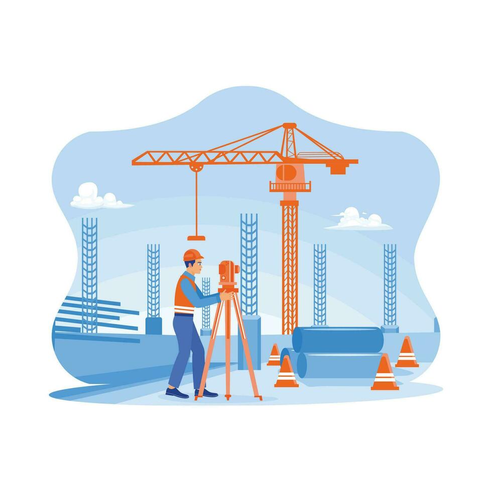 EngEngineer builder surveyor with theodolite transit equipment at the construction site outdoors. The building engineer is on the roof floor. Architect and engineer construction concept. vector