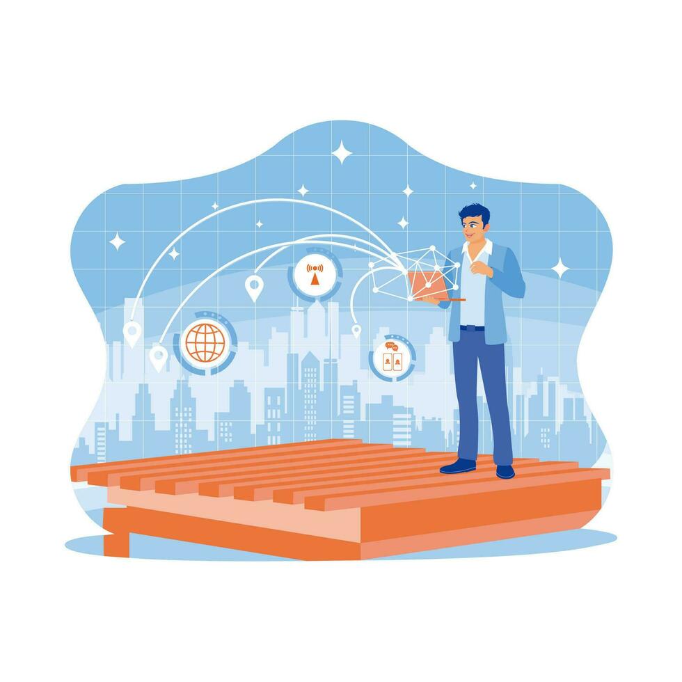 Man standing on a board against a blurry cityscape. Using a laptop with a connected telecommunications network in a smart city. Telecommunication and Internet in smart city concept. vector