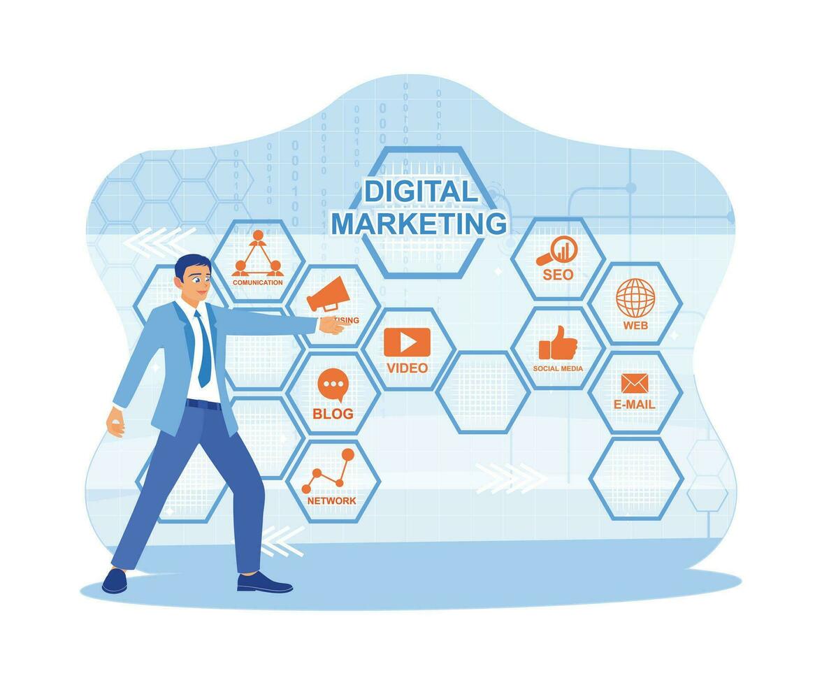Businessman standing in front of the virtual screen. Create advertising videos to increase business sales with SEO search engine optimization. Digital Marketing, internet marketing concept. vector