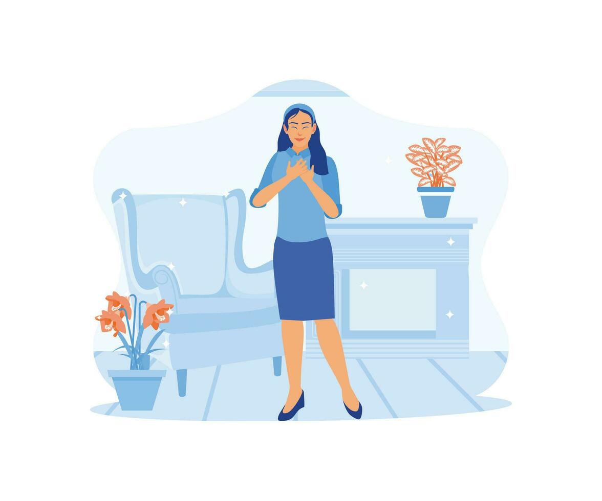 Peaceful young woman standing. Placing your hands on your chest with closed eyes expresses gratitude for God's blessings. Happy, calm, peaceful girl concept. trend modern flat vector illustration
