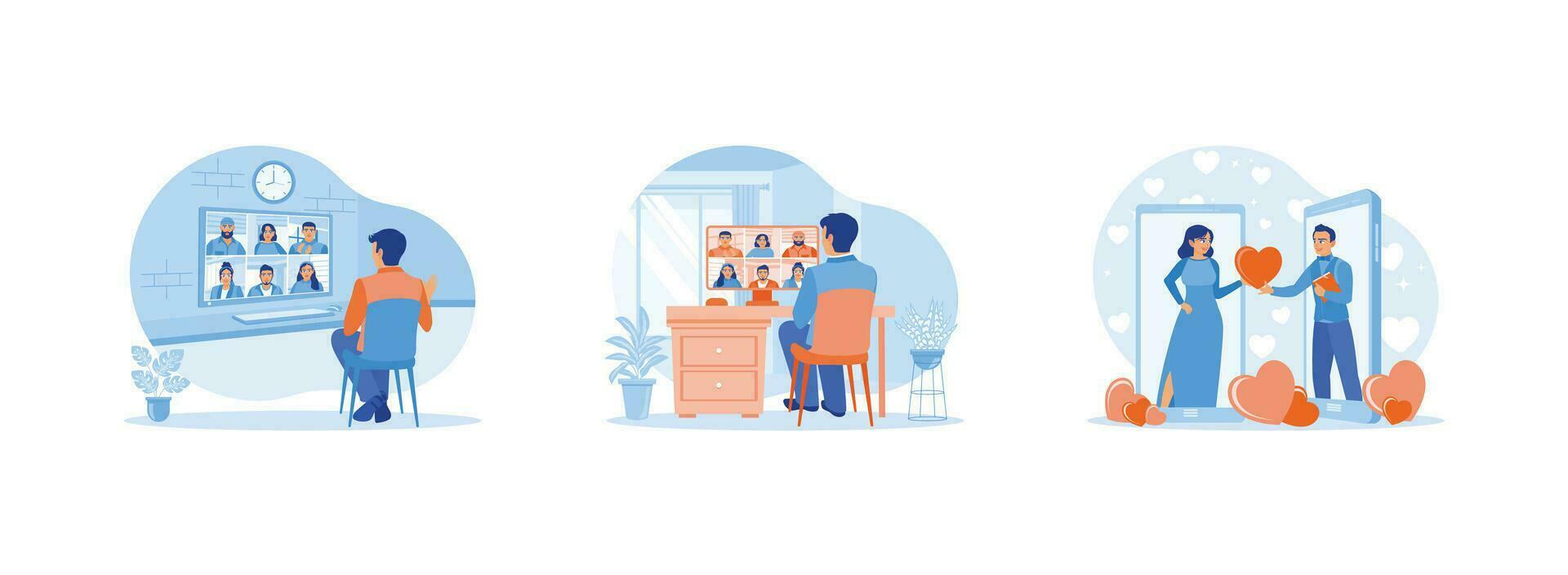 Virtual Relationships concept. Work from home concept an online meeting of businessmen with colleagues. Man you are talking to a female friend on the mobile phone screen. vector