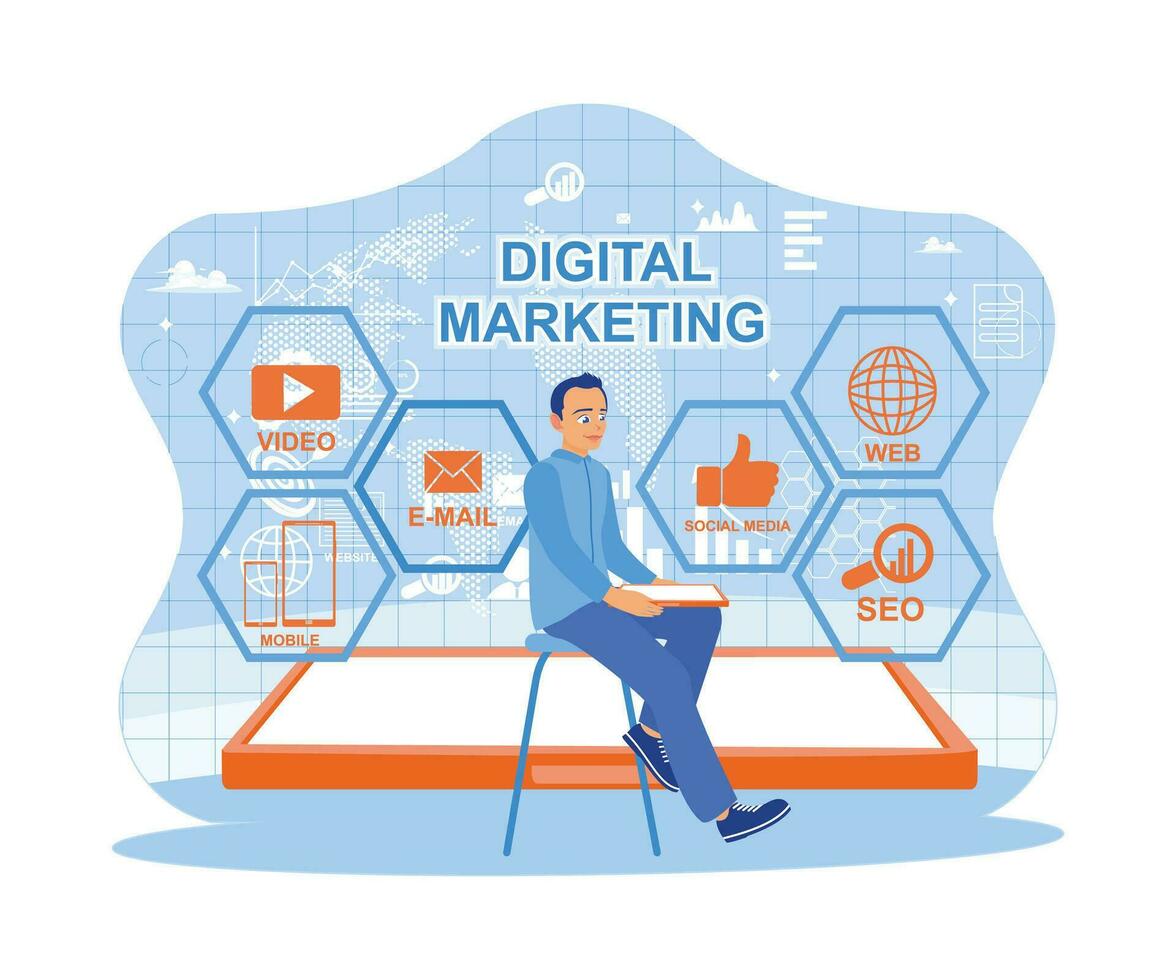 el empresario es sentado en un silla participación un tableta. accediendo digital márketing tecnología a incrementar empresa negocio ventas. digital marketing, Internet márketing concepto. vector