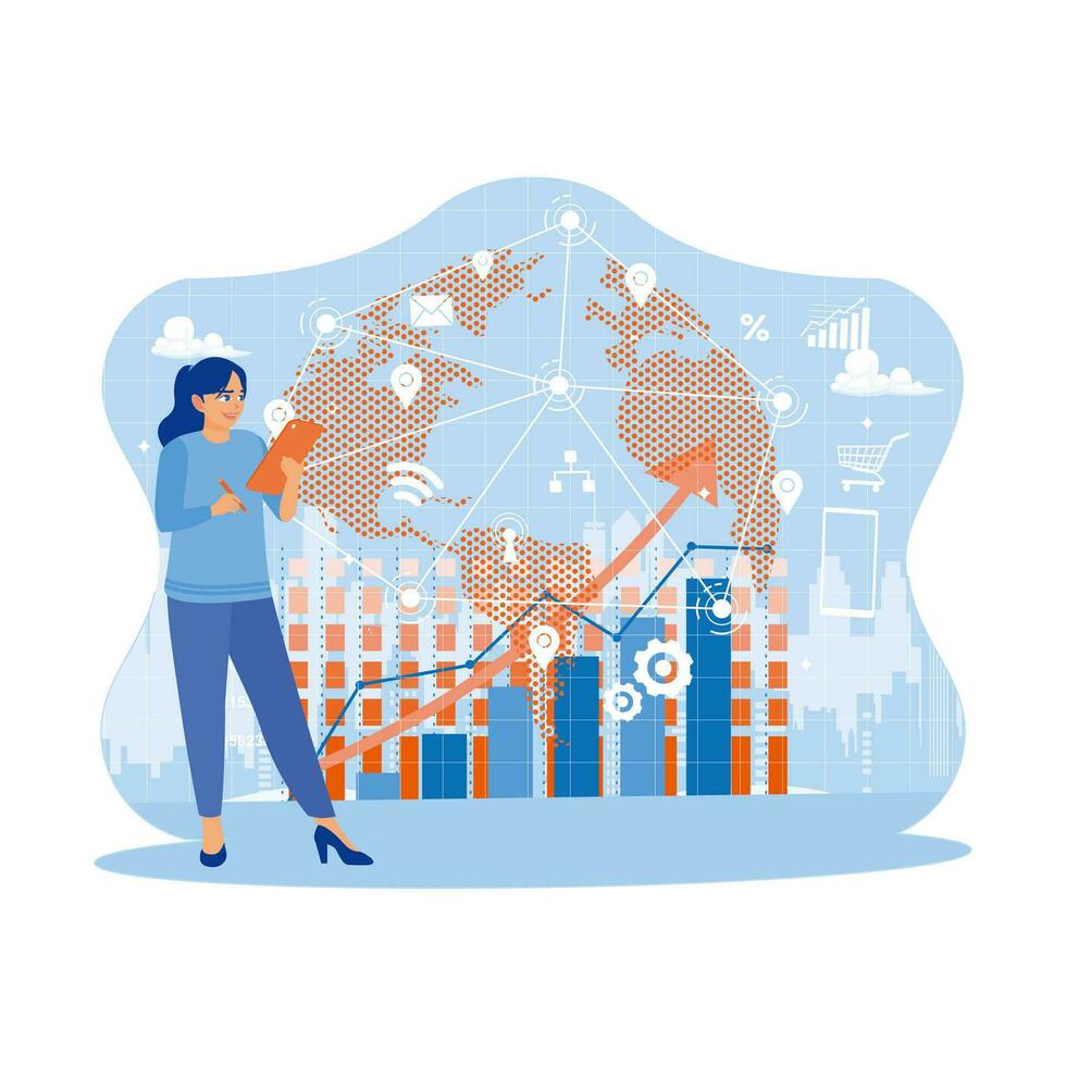 Businesswoman using interface financial graph on a world map background. A woman is standing using a digital tablet in a modern office. Modern creative telecommunication concept. vector