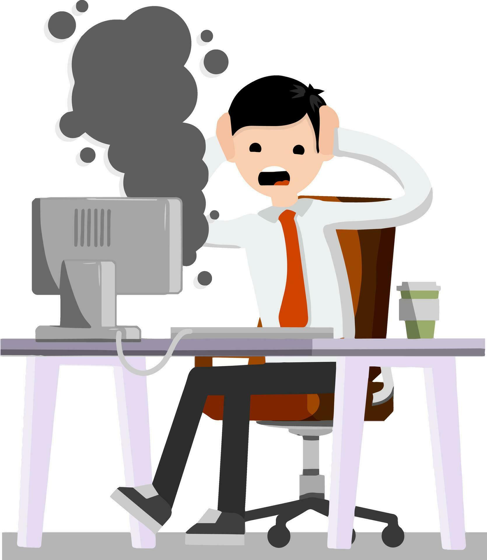 Frightened office worker shouts and holds his head looking at monitor