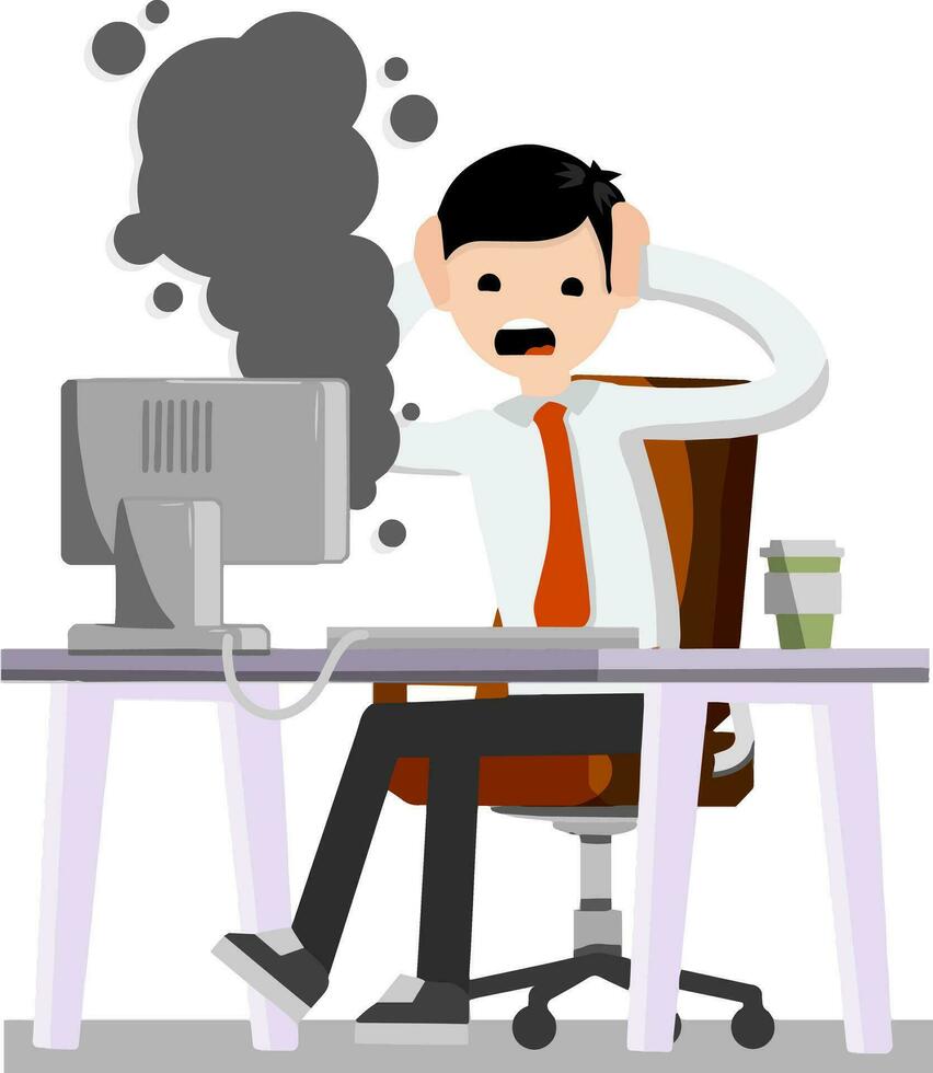 Frightened office worker shouts and holds his head looking at monitor. broken computer is Smoking. Virus and bug. problem with technique. Stress and man. Flat cartoon vector