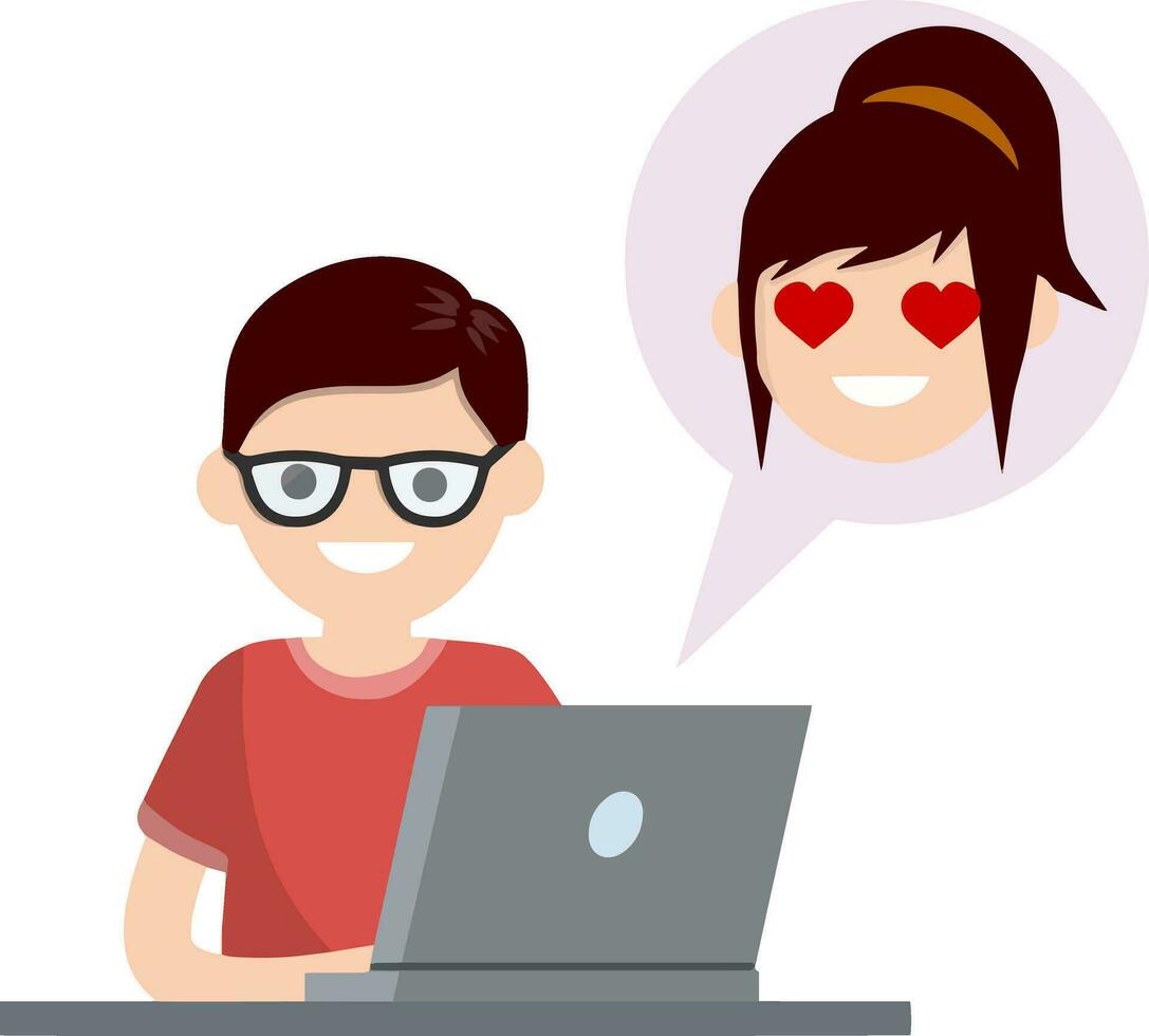 Man in love sitting at table with laptop. boyfriend and girlfriend email. Bubble with girl head. Romantic relationships on Internet. Cartoon flat illustration. Chat with woman. Heart on eyes vector
