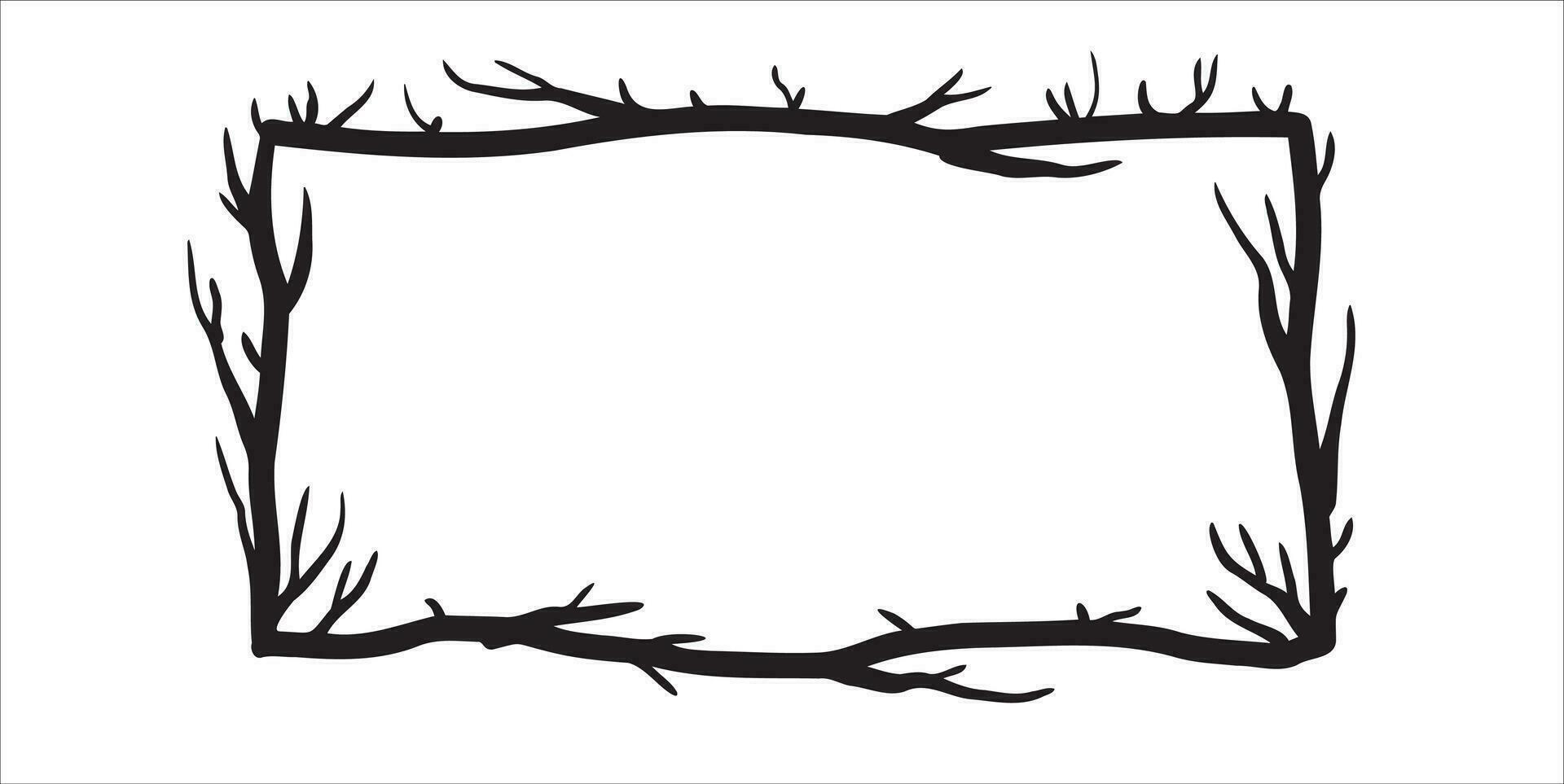 Tree frame, floral square border. Plant and twig decoration isolated on white background. black outline silhouette. decorative vintage scary element. Dark forest concept. vector
