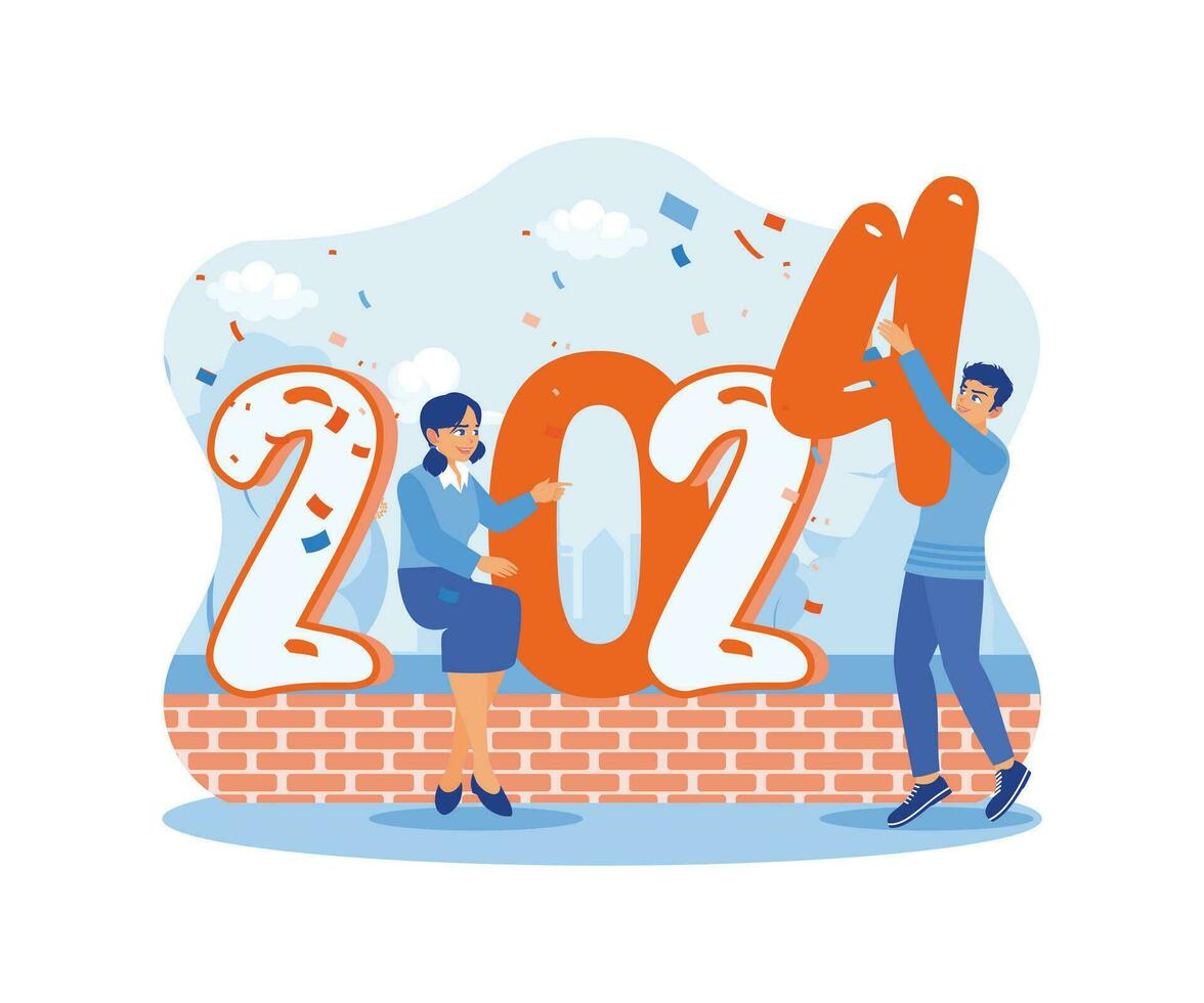 contento personas Bienvenido el nuevo año por compilando el números para 2024 y mirando a negocio oportunidades en el año adelante. negocio en el nuevo año 2024 concepto. vector