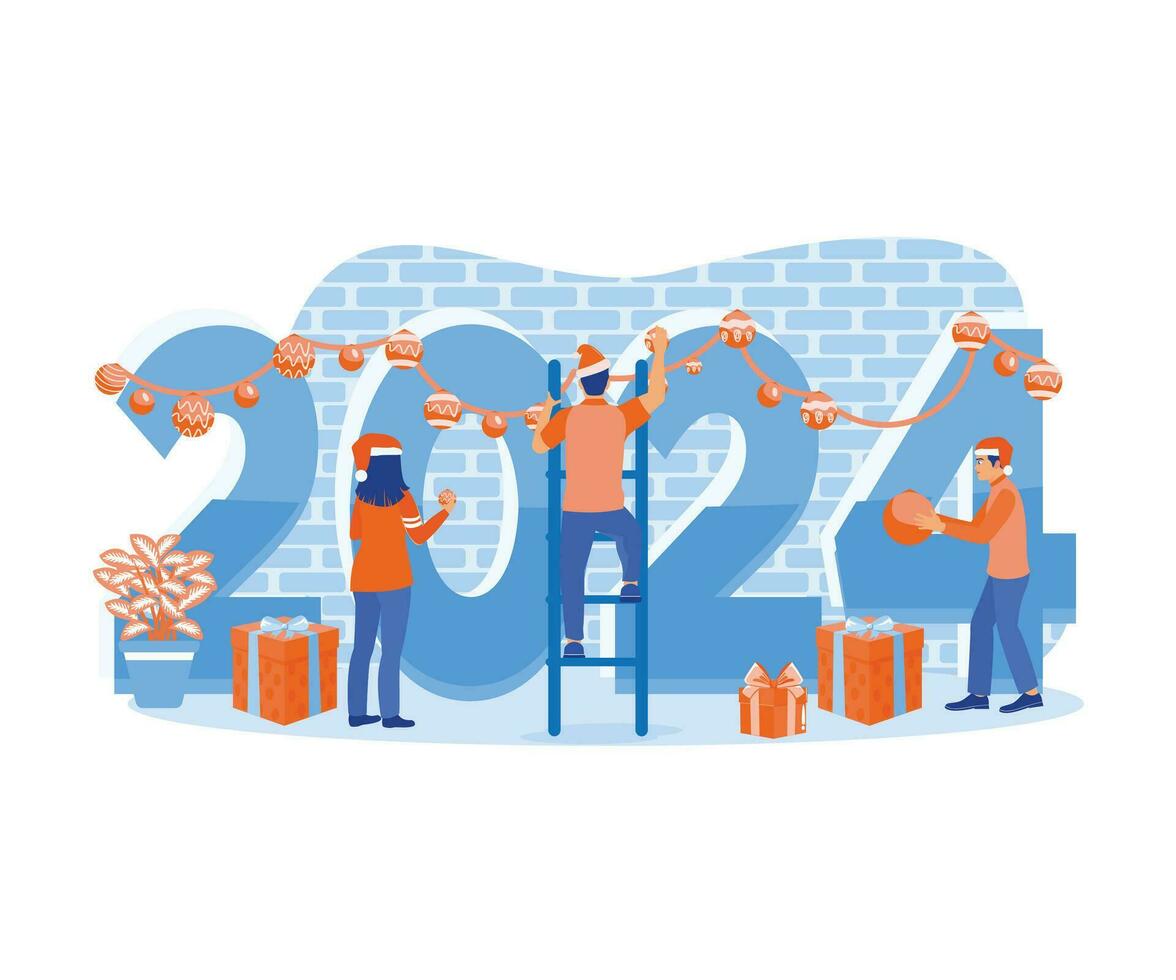 People wear Santa hats and make decorations with balloons. We are celebrating New Year together at work. Business in the New Year 2024 concept. Trend Modern vector flat illustration