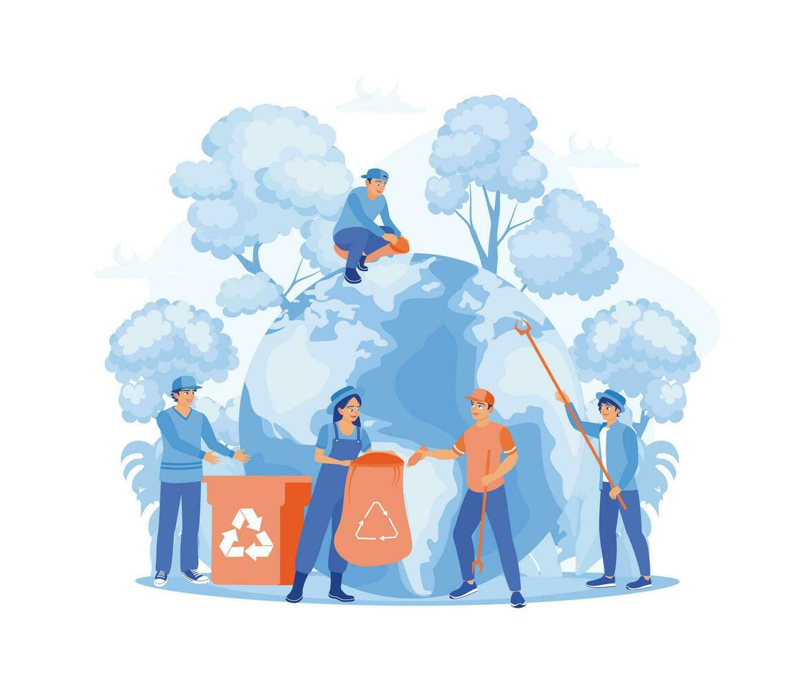 A group of young nature lovers cleans the earth from rubbish. I am calling to protect and save the planet from trash and keep the planet concept. Trend Modern vector flat illustration