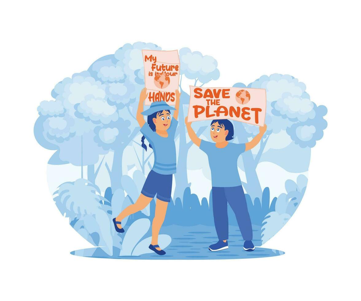 Boy and girl holding a poster, my future is yours. I am calling to protect the earth from global warming and waste and save the planet concept. Trend Modern vector flat illustration