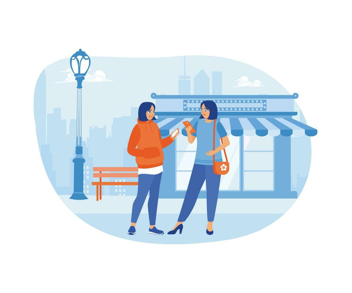 Two female friends walking together on a city street. They walked while looking at their cellphones and telling stories together. Urban panorama with pedestrians concept. vector
