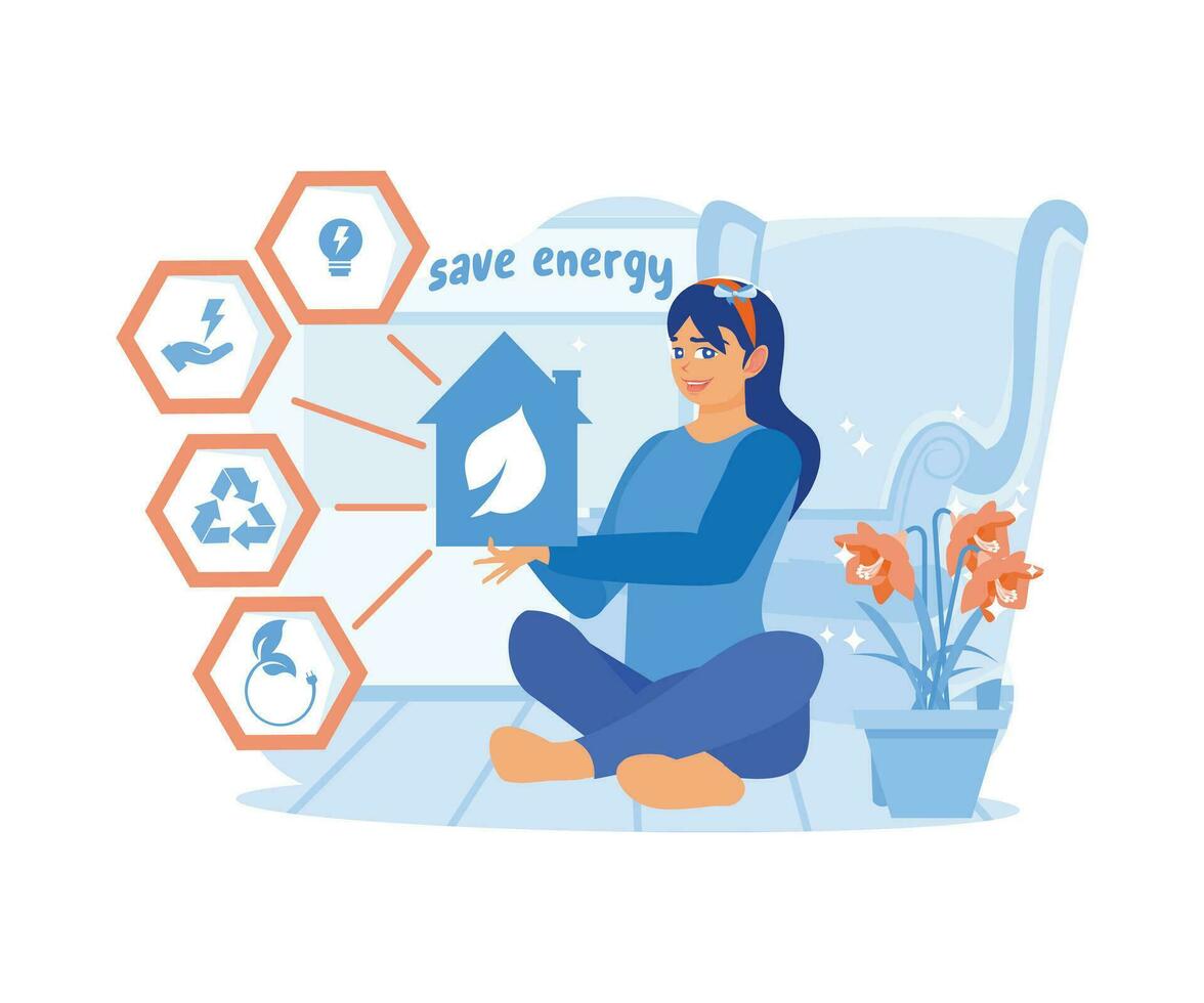 A young woman is sitting on the floor holding a greenhouse symbol environmentally friendly energy saving concept. I am keeping the planet concept. Trend Modern vector flat illustration
