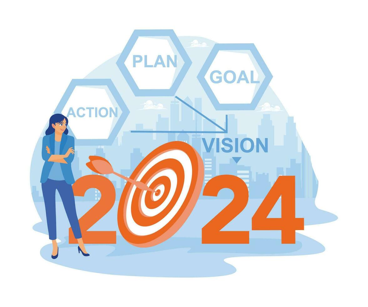 mujer de negocios haciendo plan ideas a lograr negocio metas en 2024. ciudad ver en el antecedentes. negocio en el nuevo año 2024 concepto. tendencia moderno vector plano ilustración