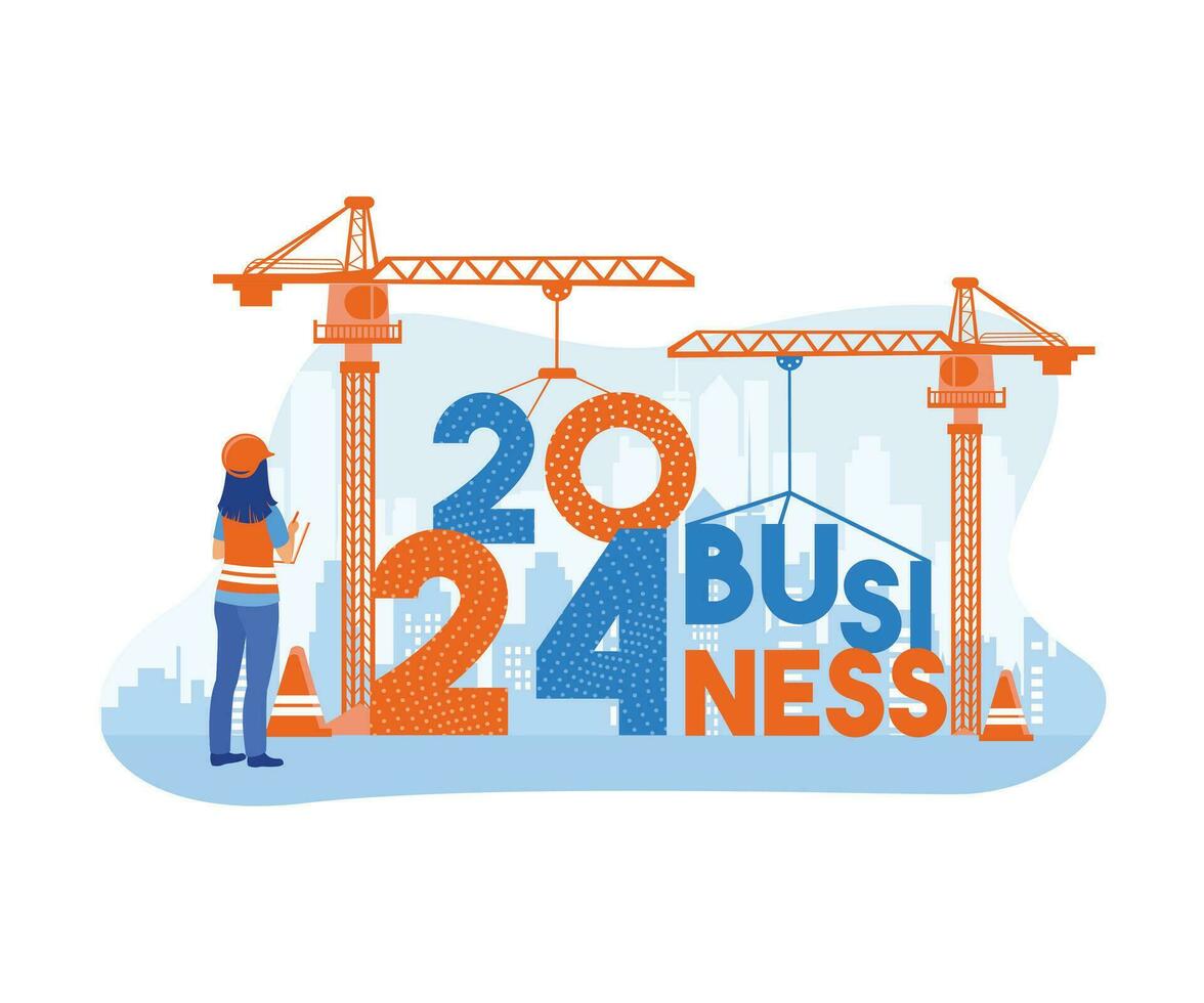 Female engineer wearing a hard hat and holding documents. Standing in front of 2024 business writing arranged with a crane. Happy New Year 2024 concept. Trend Modern vector flat illustration