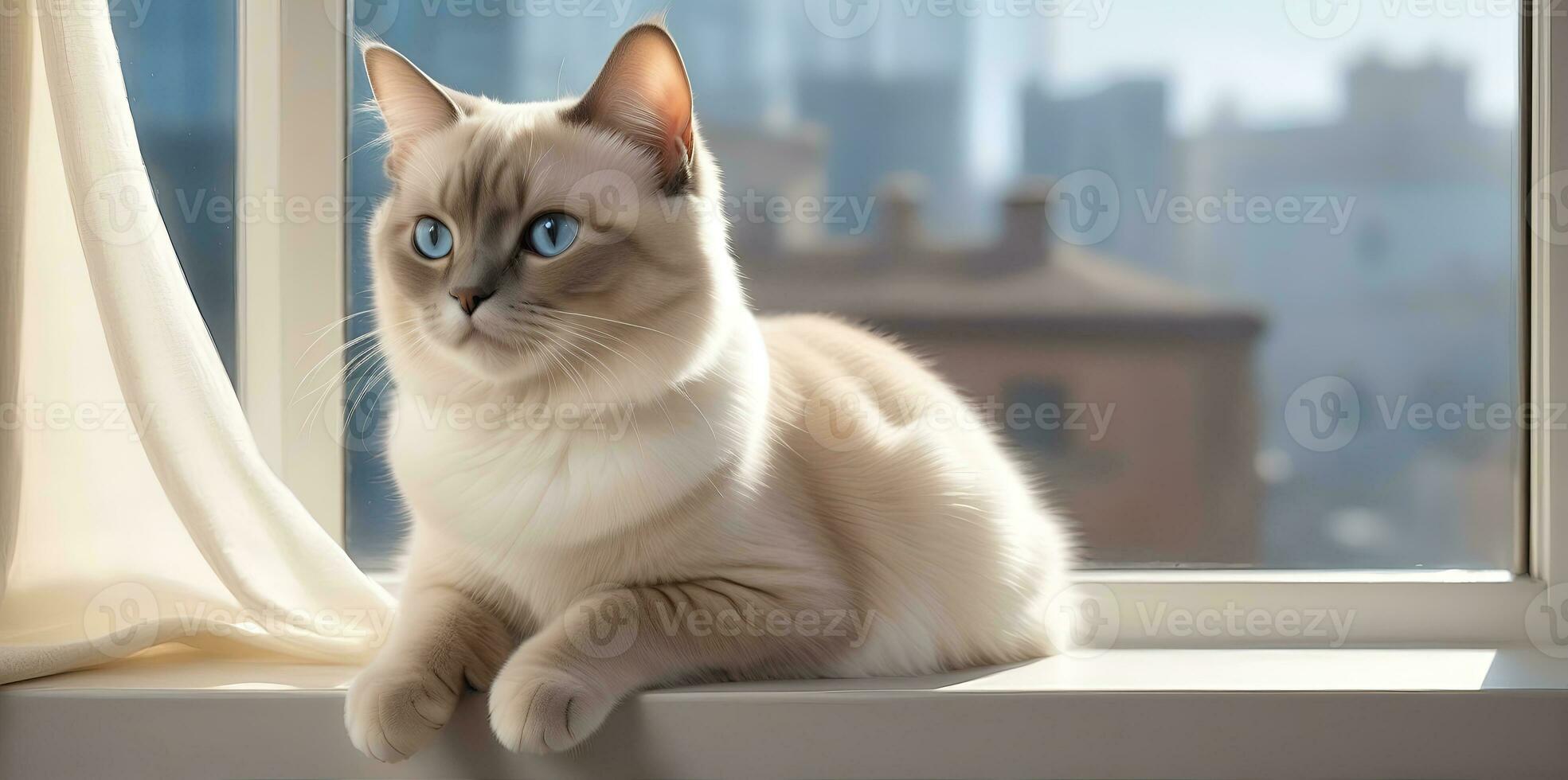 AI generated image of a cute cat seated on a windowsill photo
