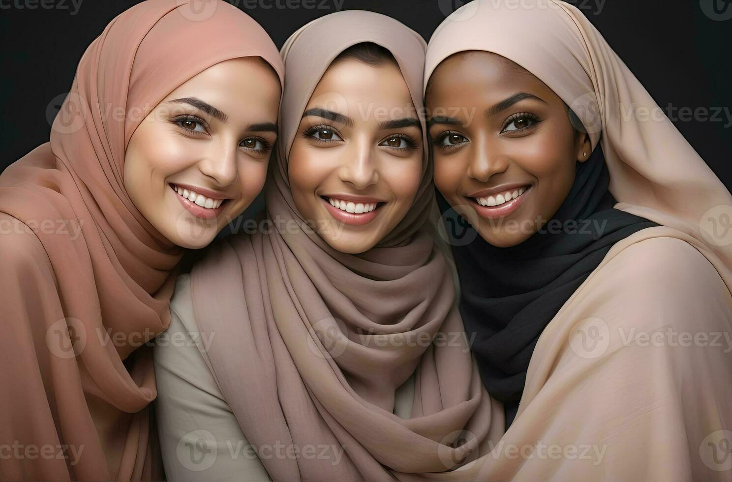 AI generated Beautiful group of Muslims women smiling and laughing wearing a hijab and decorated shawl photo