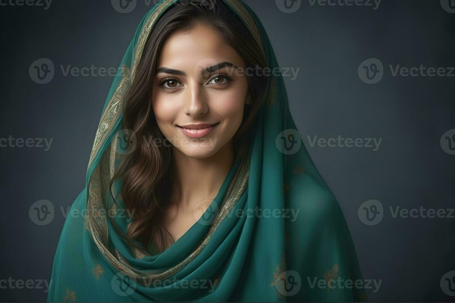 AI generated Beautiful Muslim woman smiling and laughing wearing a hijab and decorated shawl photo