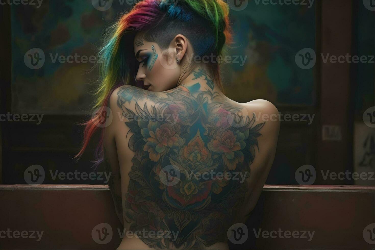 AI generated Portrait of a woman with a body full of artistic tattoos photo