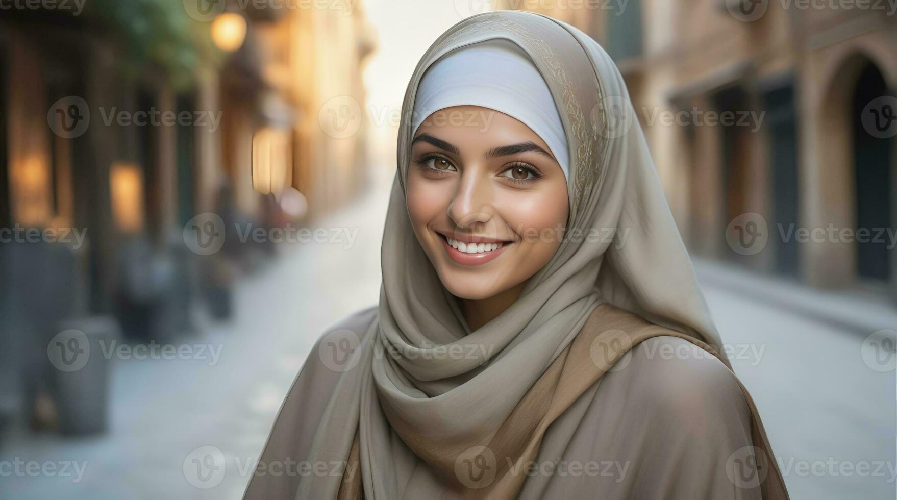 AI generated Beautiful Muslim woman smiling and laughing wearing a hijab and decorated shawl photo