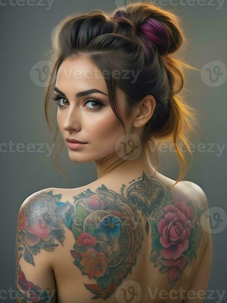 AI generated Portrait of a woman with a body full of artistic tattoos photo