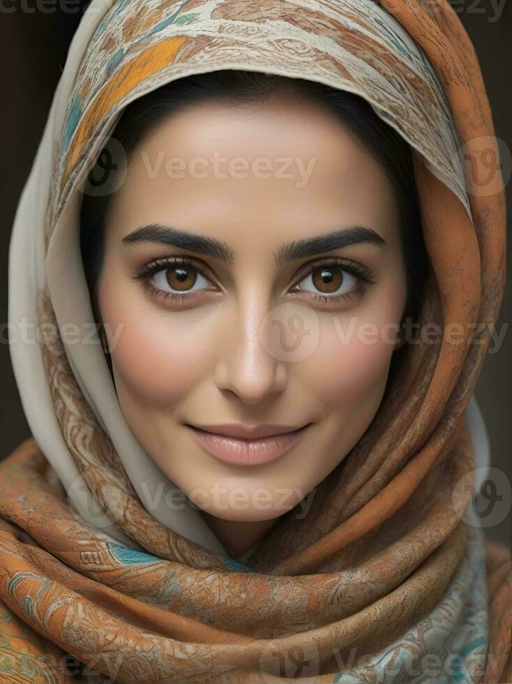AI generated Beautiful Muslim woman smiling and laughing wearing a hijab and decorated shawl photo