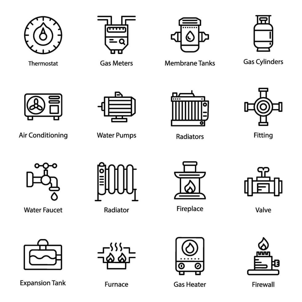 Heating and Thermostat Line Vector Icons