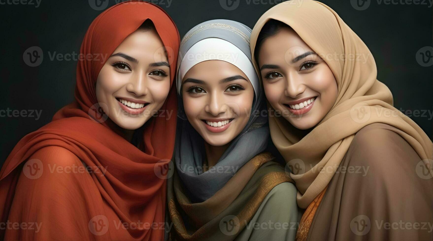 AI generated Beautiful group of Muslims women smiling and laughing wearing a hijab and decorated shawl photo