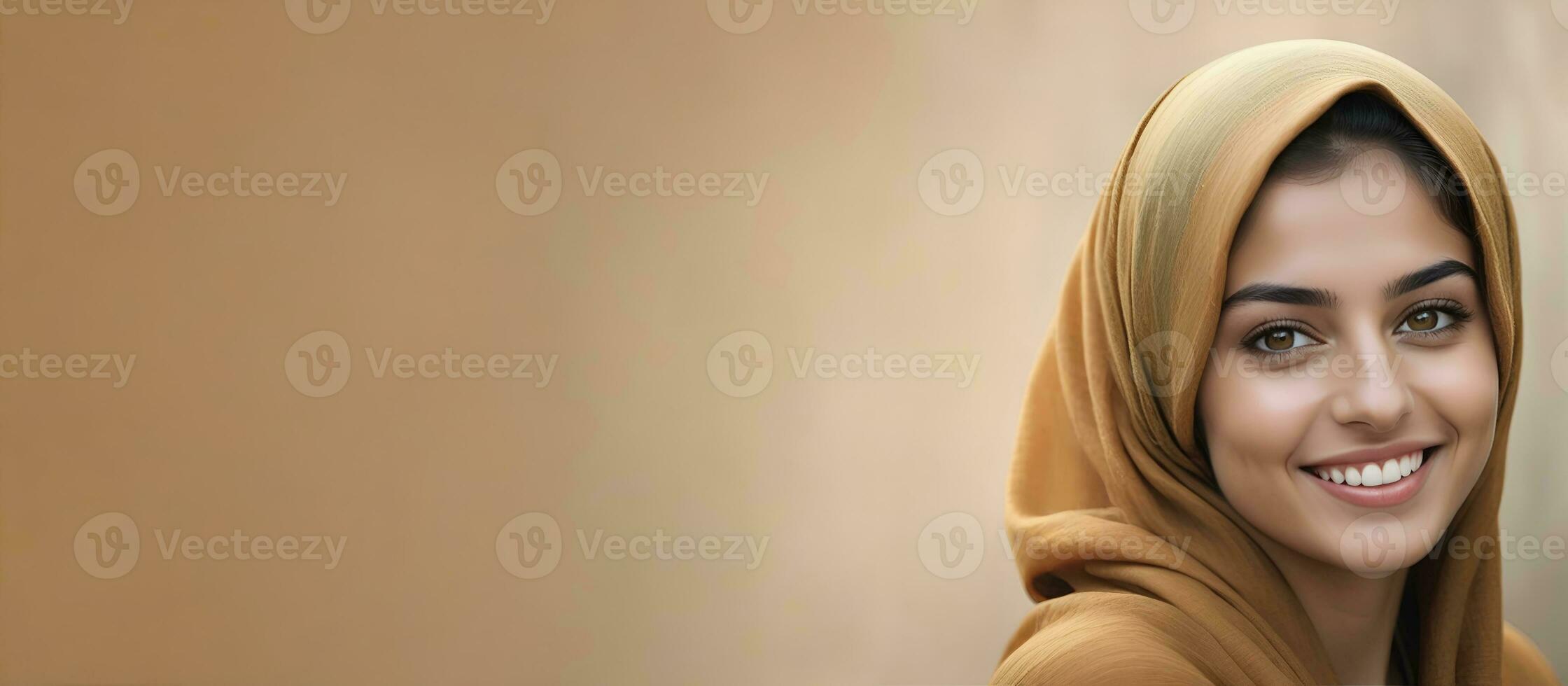 AI generated Beautiful Muslim woman smiling and laughing wearing a hijab and decorated shawl photo