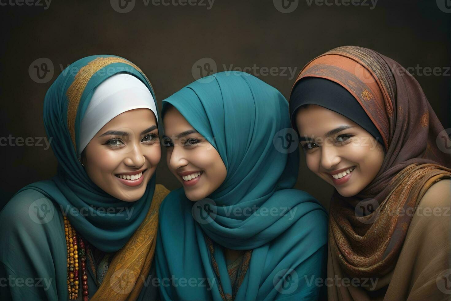 ai generado hermosa grupo de musulmanes mujer sonriente y riendo vistiendo un hijab y decorado chal foto