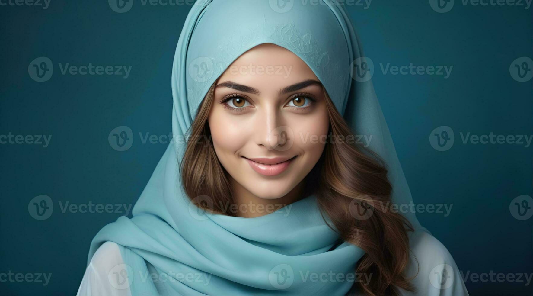 ai generado hermosa musulmán mujer sonriente y riendo vistiendo un hijab y decorado chal foto