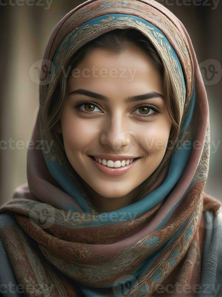 ai generado hermosa musulmán mujer sonriente y riendo vistiendo un hijab y decorado chal foto