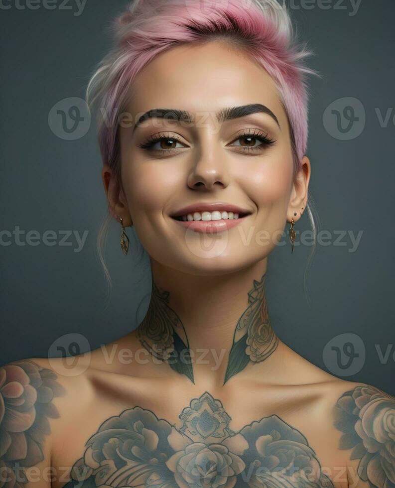 AI generated Portrait of a woman with a body full of artistic tattoos photo