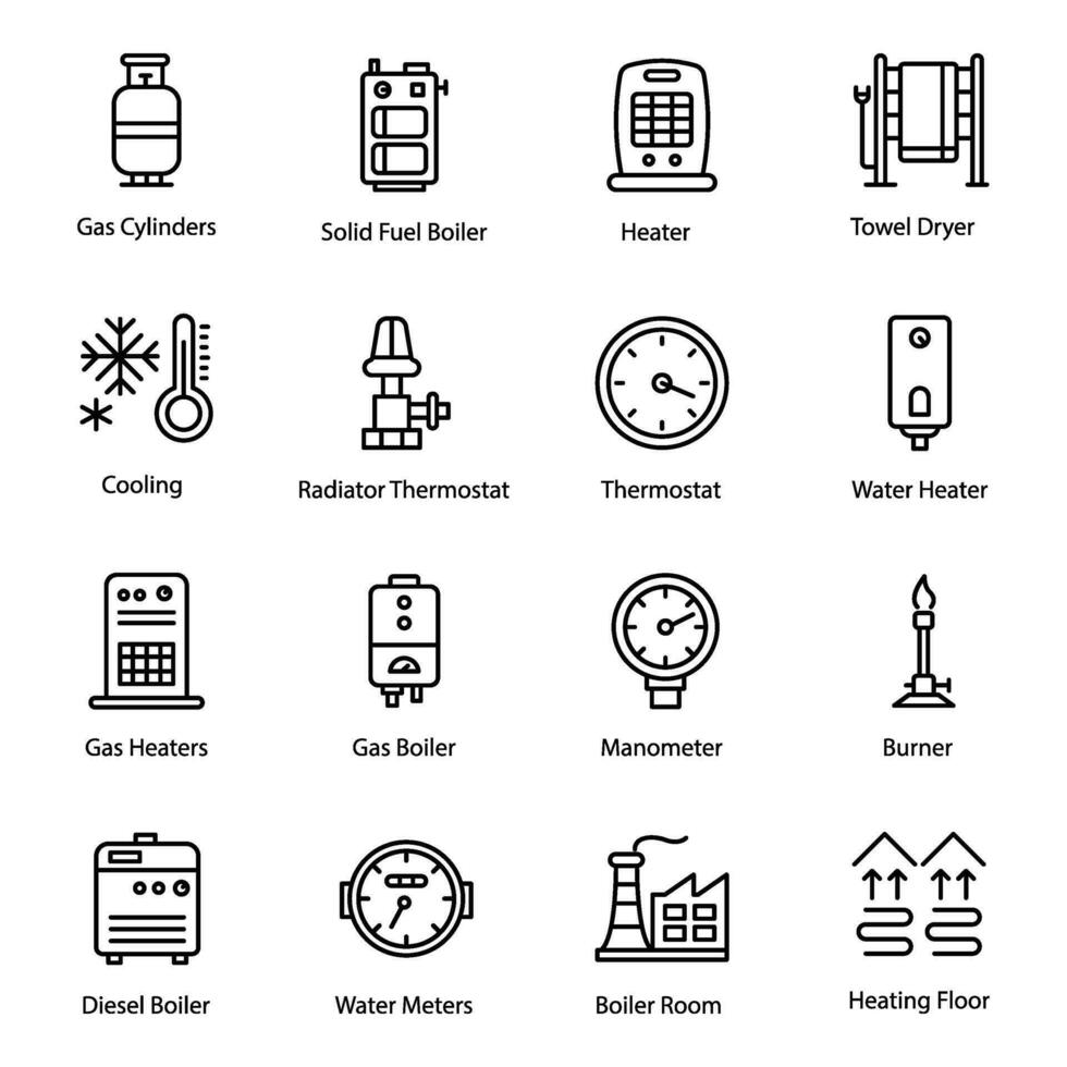 Industrial Heaters and Thermostat Line Vector Icons