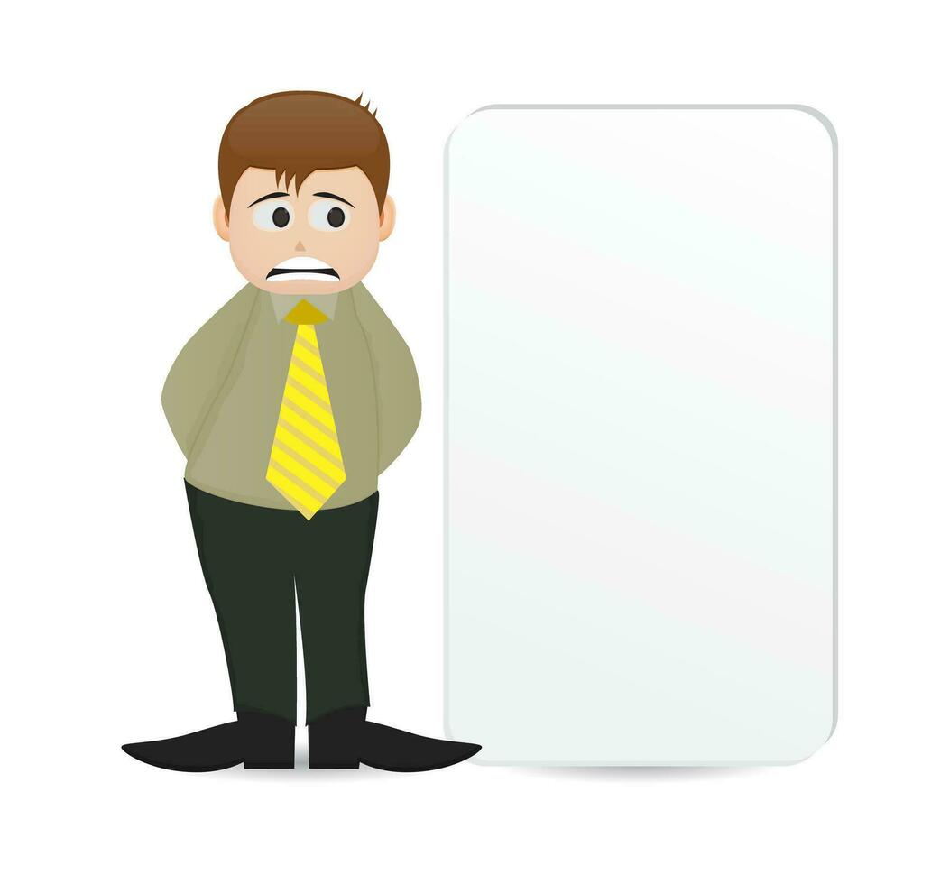 cartoon manager with expression standing beside blank banner vector