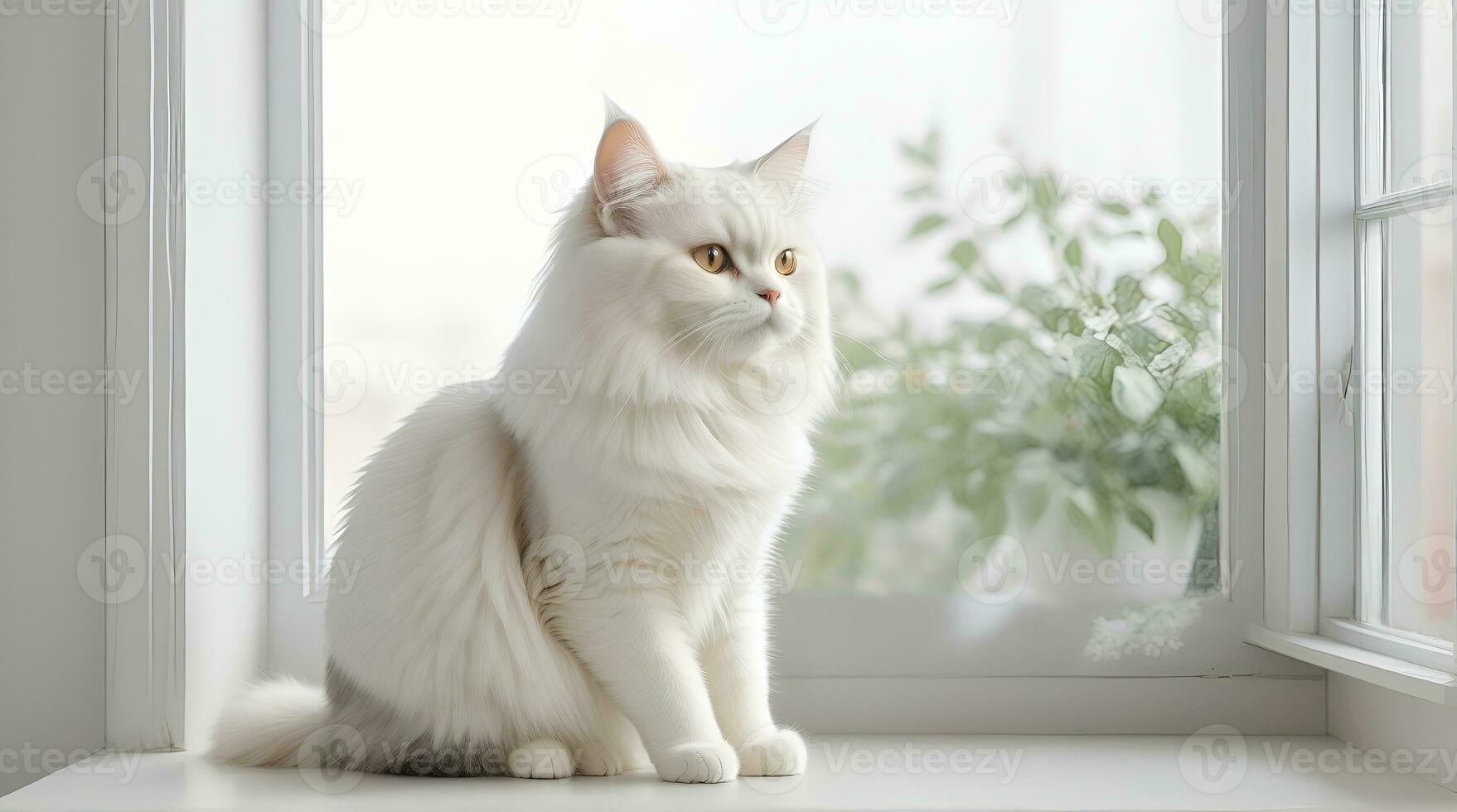 AI generated image of a cute cat seated on a windowsill photo