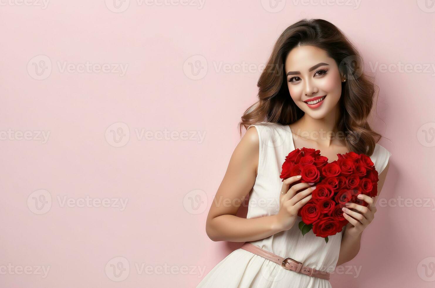 ai generado celebracion para San Valentín día con hermosa joven mujer sostiene un rojo corazón en su manos. foto